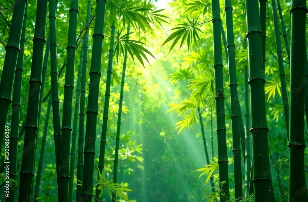 Fototapeta premium Serene bamboo forest with sunlight filtering through lush greenery