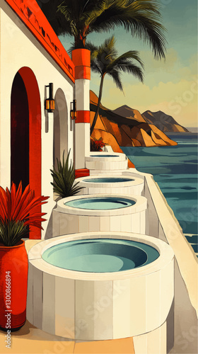 Tropical Cliffside Retreat Vector Art with Luxury Hot Tubs Overlooking Ocean, Palm Trees and Stunning Sunset View for Spa and Resort Inspiration, Relaxation Decor
