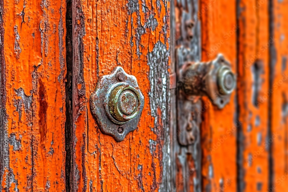 Fototapeta premium Weathered Entrance: An extreme close-up captures the essence of a rustic door with peeling orange paint and antique metal hardware, narrating a story of age and endurance.