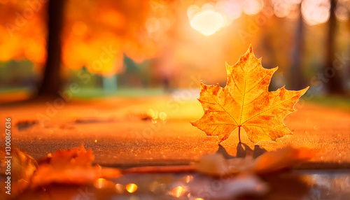 A blurry image of a fall landscape with an orange maple leaf in focus, surrounded by a warm autumn atmosphere with bokeh light effects.