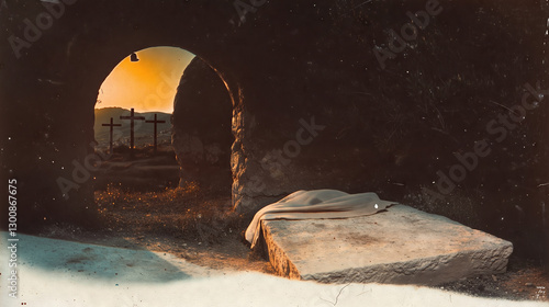Easter, 3 crosses, the moment after Jesus Christ left his tomb, a beautiful sunrise