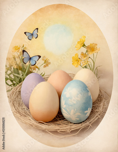Easter Eggs and Butterflies in Pastel Colors