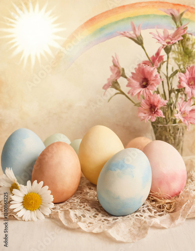Easter Eggs with Sunlight and Flowers