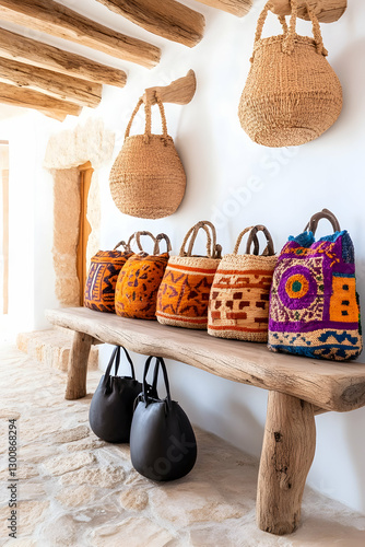 Woven bags on rustic bench, white room