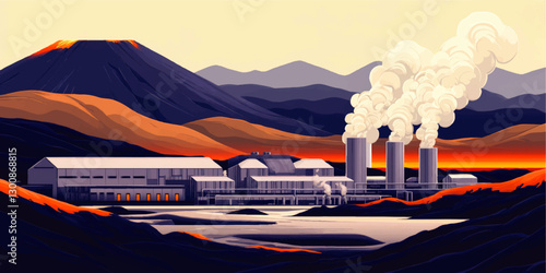 Vector Illustration of Geothermal Power Plant in Volcanic Landscape with Misty Mountains, Smokestacks, and Industrial Buildings at Sunset for Renewable Energy Insights