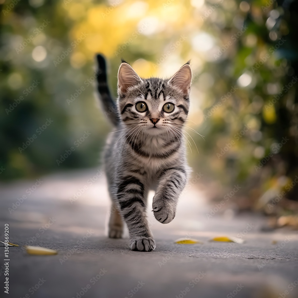 Adorable kitten with stripes walking on bright smooth floor high resolution picture Adorable kitten with stripes walking on bright smooth floor high resolution picture