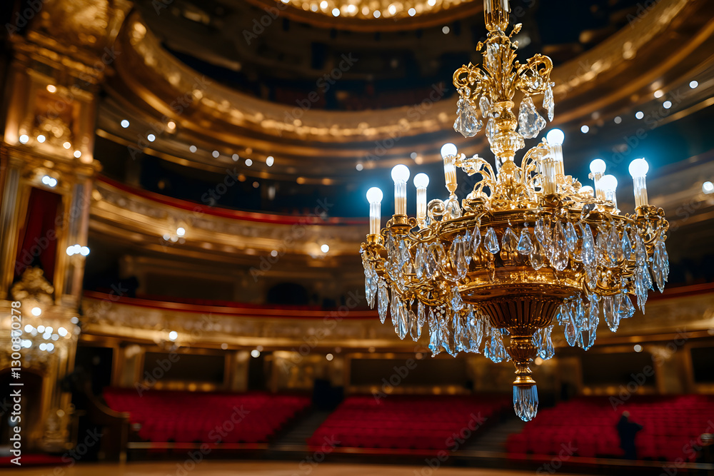 Obraz premium Ornate chandelier hangs above a grand theatre, its crystals shimmering in the soft light, casting a warm glow on the plush red seating below.