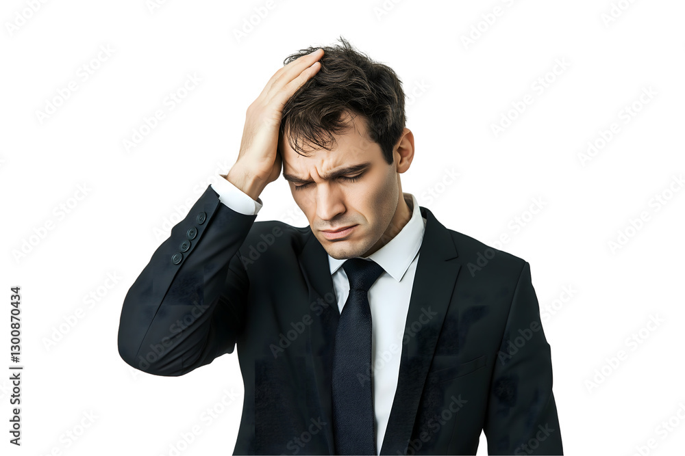 Man in black suit, white dress shirt, black tie, covering face with hands, showing distress on transparent background Man in black suit, white dress shirt, black tie, covering face with hands, showing distress on transparent background