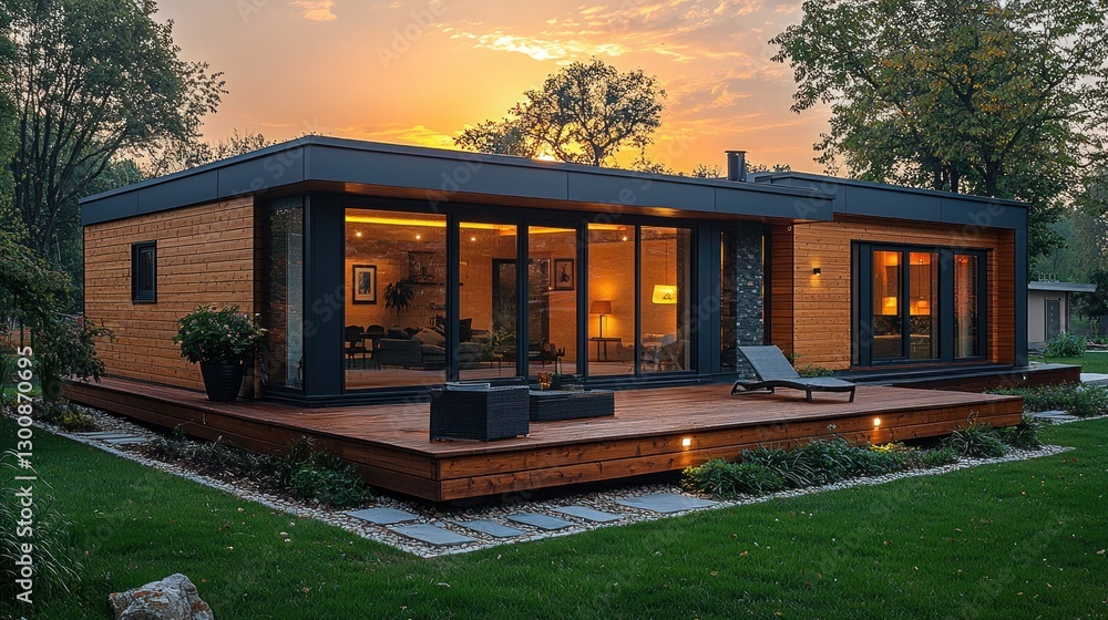 Fototapeta premium Modern prefabricated home with wooden facade and large glass walls