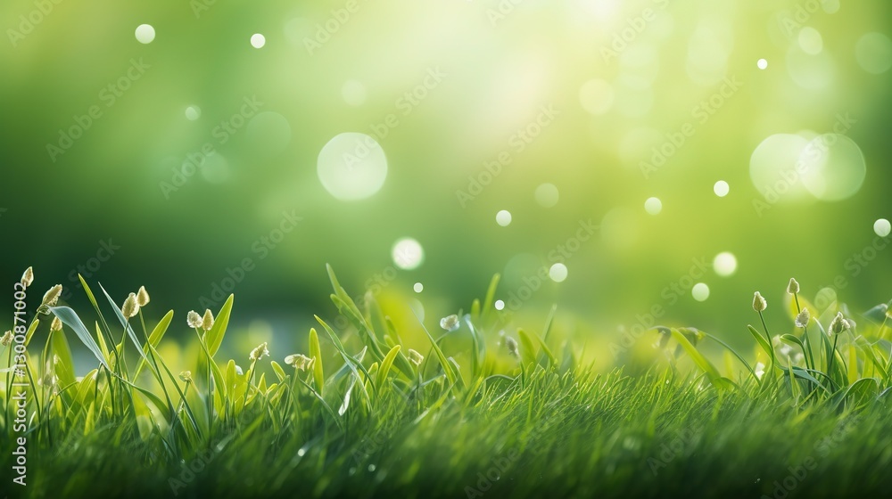 Fototapeta premium Spring background with green grass and a bokeh light blur. 