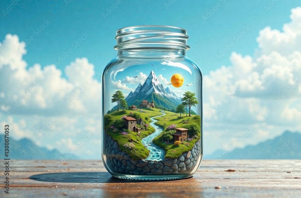 Miniature mountain landscape in glass jar with stream and houses under blue sky Miniature mountain landscape in glass jar with stream and houses under blue sky