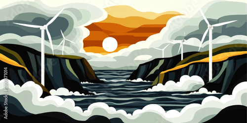 Scenic Vector of Ocean Cliffs with Wind Turbines and Dramatic Sunset Sky - Renewable Energy Landscape Illustration for Environmental Awareness