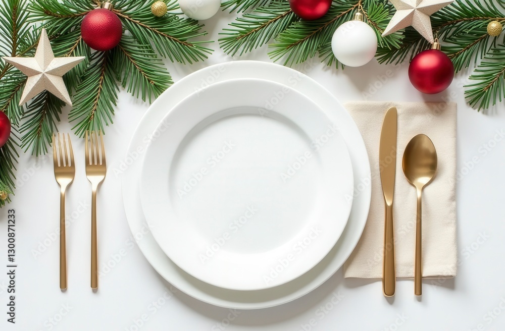 Festive christmas table setting with gold cutlery and pine decorations Festive christmas table setting with gold cutlery and pine decorations