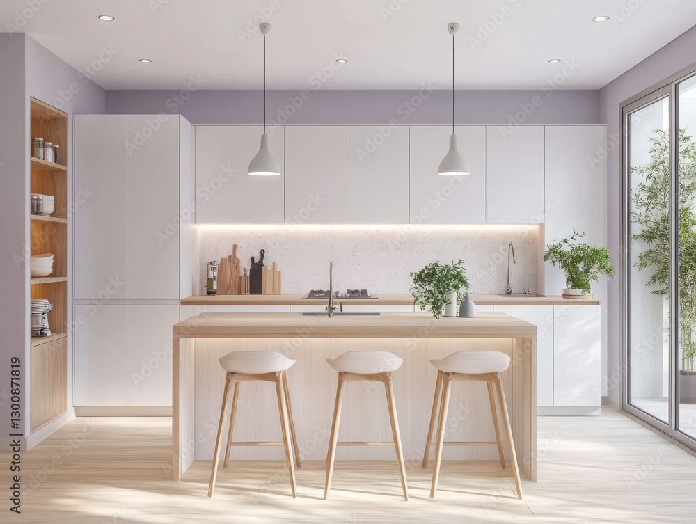 Fototapeta premium Modern kitchen features a light and airy aesthetic with wood finishes