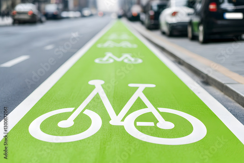 Dedicated green bike lane ensures cyclist safety in the city. Clear signage promotes eco-friendly transportation and encourages cycling. photo