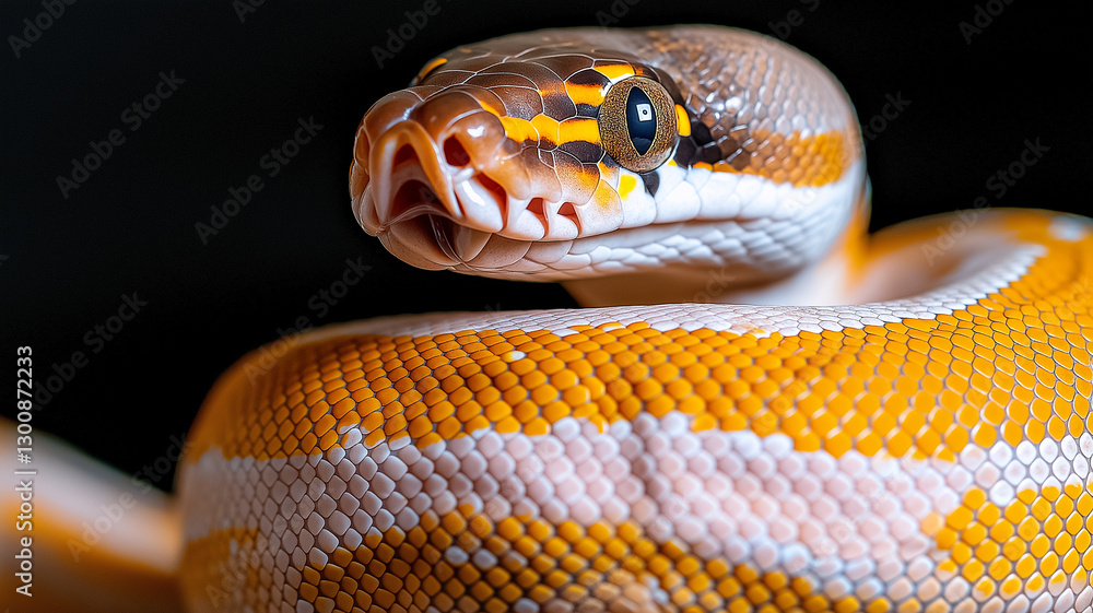 Obraz premium close up of ball python showcasing its vibrant orange and yellow patterns, with its head raised and eyes focused. intricate scales and unique coloration highlight beauty of this reptile