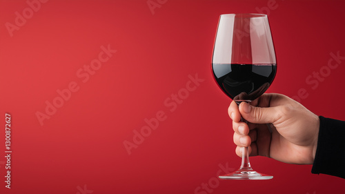 black hand holding glass of red wine against vibrant red background, creating striking visual contrast. This evokes sense of elegance and celebration