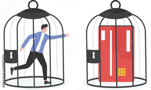 Business man in cage working hard with credit card

