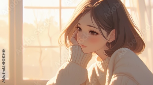 Pensive young woman with hand on face in soft light anime style illustration