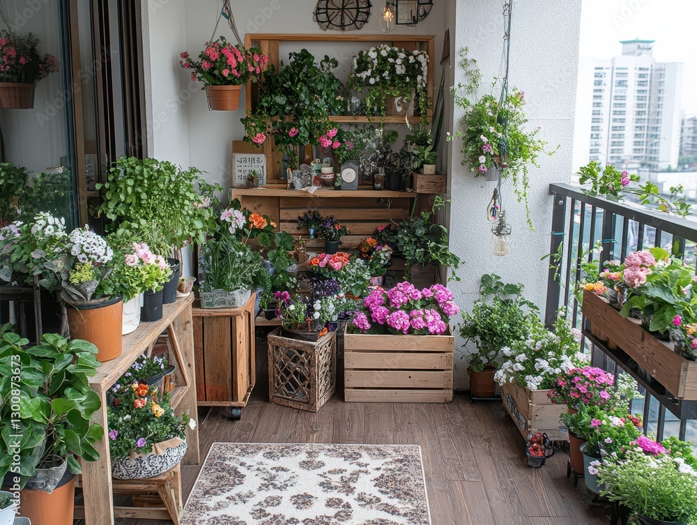 Naklejka premium Balcony of flowers full of beautiful blooming plants and flowers