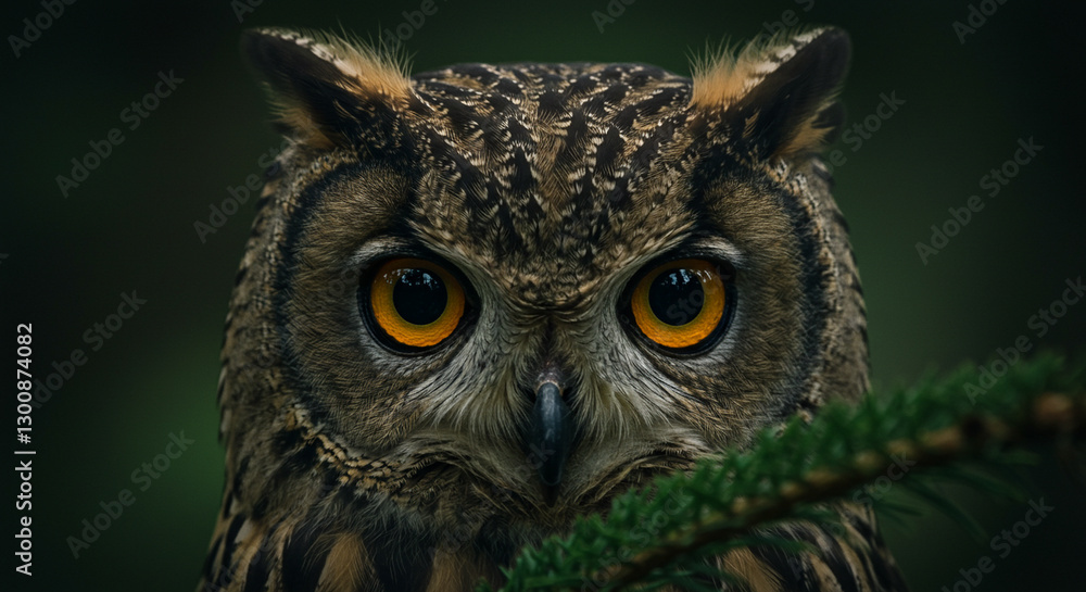 Close-up of an owl's intense gaze in a dark forest. Close-up of an owl's intense gaze in a dark forest.