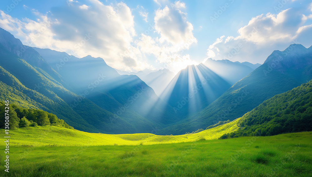 Fototapeta premium breathtaking green valley nestled between towering mountains, illuminated by radiant sunlight streaming through clouds, creating serene and peaceful atmosphere