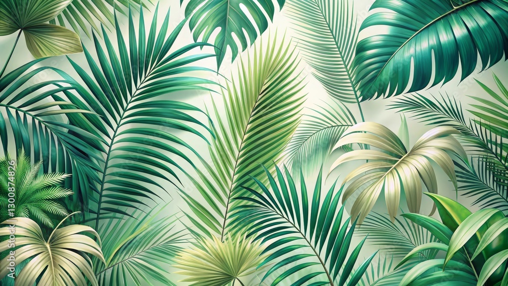 Lush Tropical Foliage A Vibrant Display of Exotic Green and Cream Palm Leaves, Featuring a Variety of Textured Fronds and Verdant Botanical Elements Lush Tropical Foliage A Vibrant Display of Exotic Green and Cream Palm Leaves, Featuring a Variety of Textured Fronds and Verdant Botanical Elements