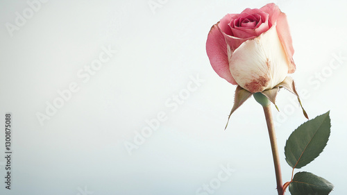beautiful old pink and white rose stands gracefully against soft background, showcasing its delicate petals and subtle imperfections, evoking sense of nostalgia and elegance