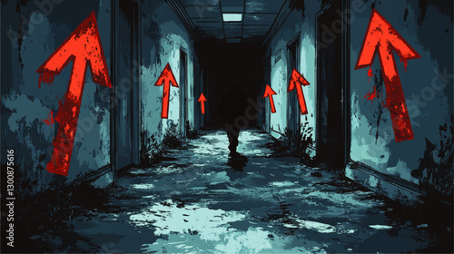 Eerie Vector Art Depicting Dark Abandoned Hallway with Red Arrows, Mysterious Shadow Figure, Grunge Texture, and Moody Blue Atmosphere for Horror Themed Designs