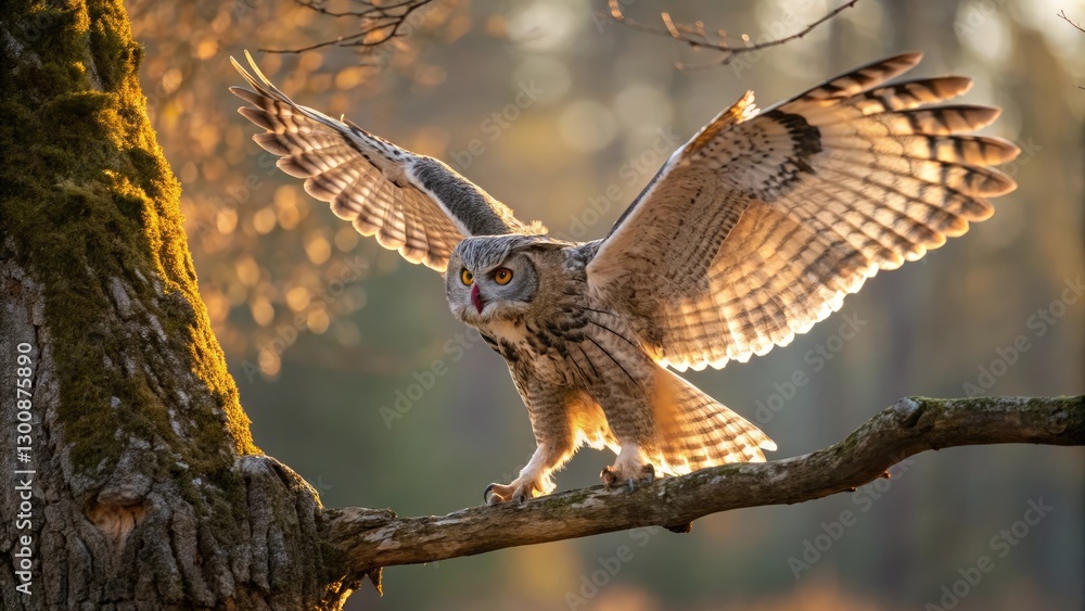 Fototapeta premium Striking owl with wings spread wide against a golden glow with a dynamic mood representing power against a vibrant forest backdrop