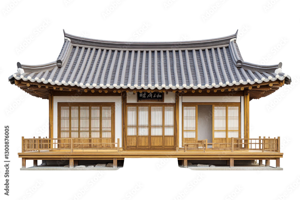 Fototapeta premium Traditional Korean Wooden House Architectural Design with Tiled Roof and Open Doors on Transparent Background