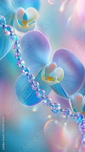 Blue orchids, iridescent beads, soft background, elegant jewelry, website banner