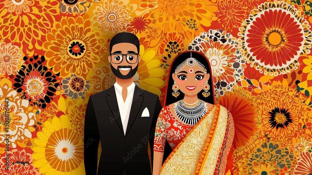 Fototapeta premium joyful Indian bride and groom stand together against vibrant floral backdrop, showcasing traditional attire and cultural elements. Their expressions reflect happiness and celebration