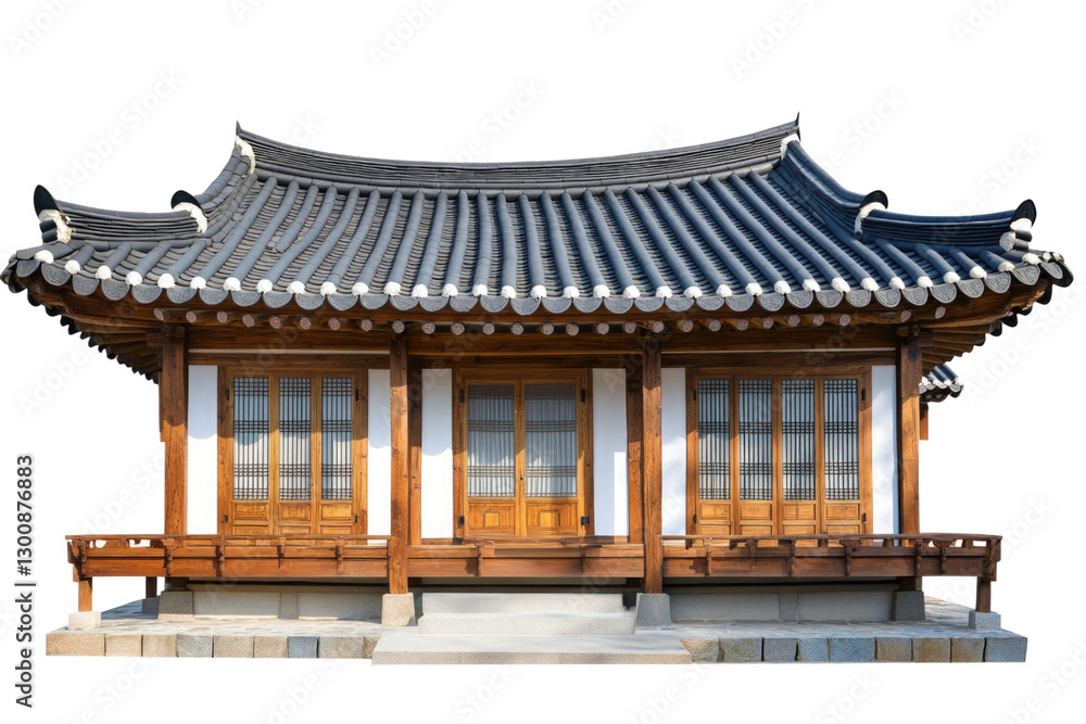 Obraz premium Traditional Korean Wooden House with Gray Tiled Roof and Ornate Wood Trim on Transparent Background