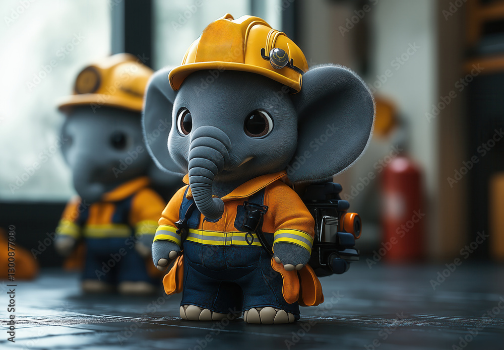 Cartoon elephants in firefighter gear ready to help. Cartoon elephants in firefighter gear ready to help.