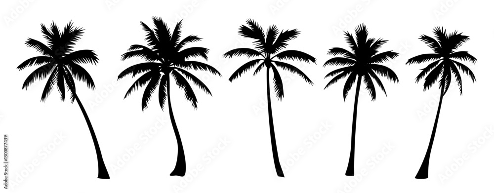 Set of different palm tree black silhouettes. Hand drawn vector illustrations isolated on transparent background Set of different palm tree black silhouettes. Hand drawn vector illustrations isolated on transparent background