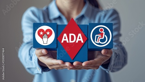 Man holding blocks with icons sees abbreviation: ADA. ADA Americans with Disabilities Act concept