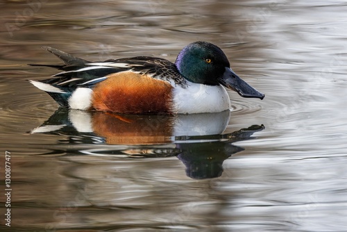 Obraz na płótnie Side view of the northern shoveler, a white and brown male duck with iridescent dark green head, bright yellow eyes and typical spatulate bill swimming in lake. Reflection of the bird in brown water. w salonie