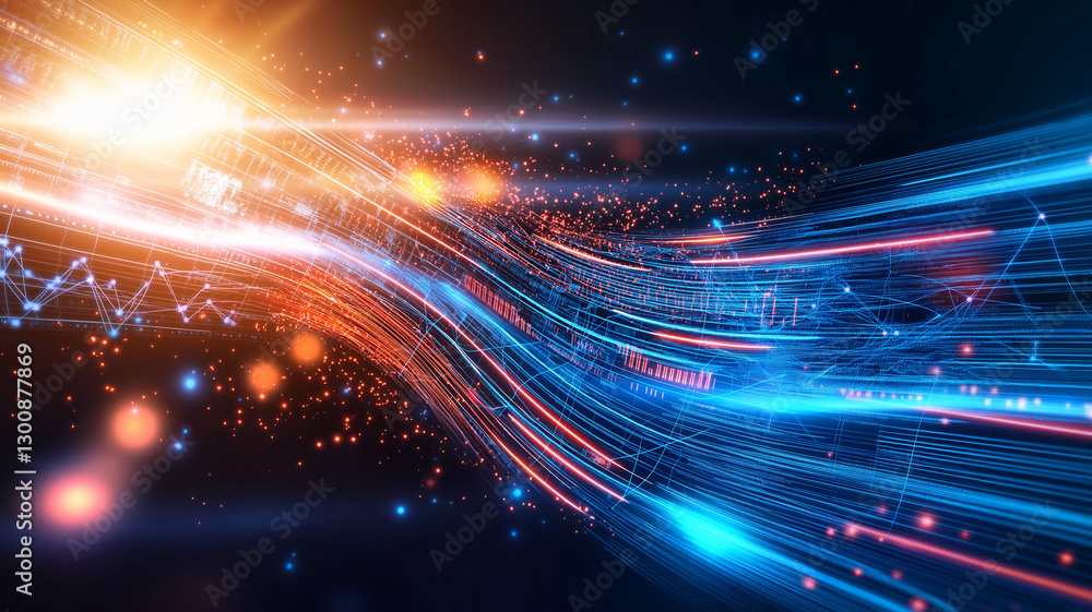 Obraz premium Vibrant abstract background featuring glowing neon blue and red lines, creating dynamic flow of light and energy. This visually striking image evokes sense of movement and technology