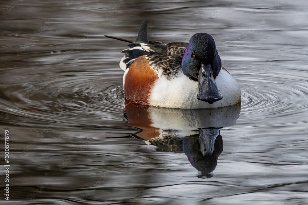 Front view of the northern shoveler, a white and brown male duck with iridescent dark green head, bright yellow eyes and typical spatulate bill swimming in a lake. Reflection of the bird in water.