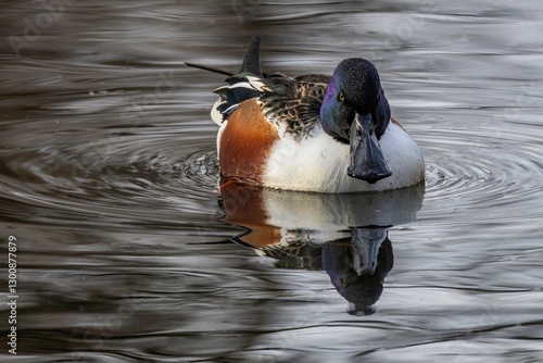 Obraz na płótnie Front view of the northern shoveler, a white and brown male duck with iridescent dark green head, bright yellow eyes and typical spatulate bill swimming in a lake. Reflection of the bird in water. w salonie