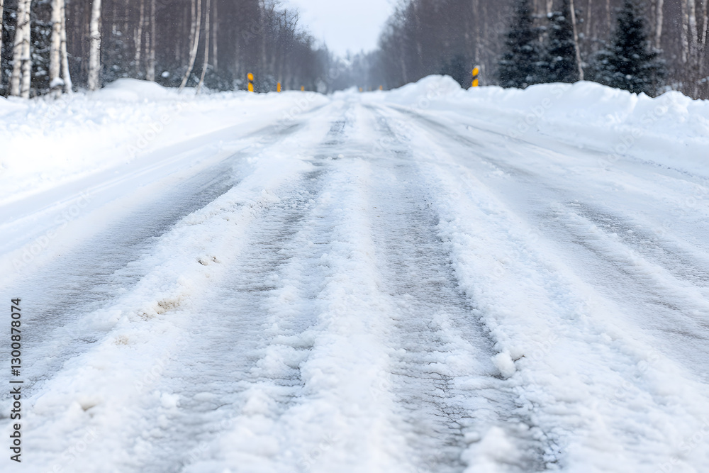 Winter road covered in snow and ice, with tire tracks visible. Trees line the sides of the road in the wintry landscape. Winter road covered in snow and ice, with tire tracks visible. Trees line the sides of the road in the wintry landscape.