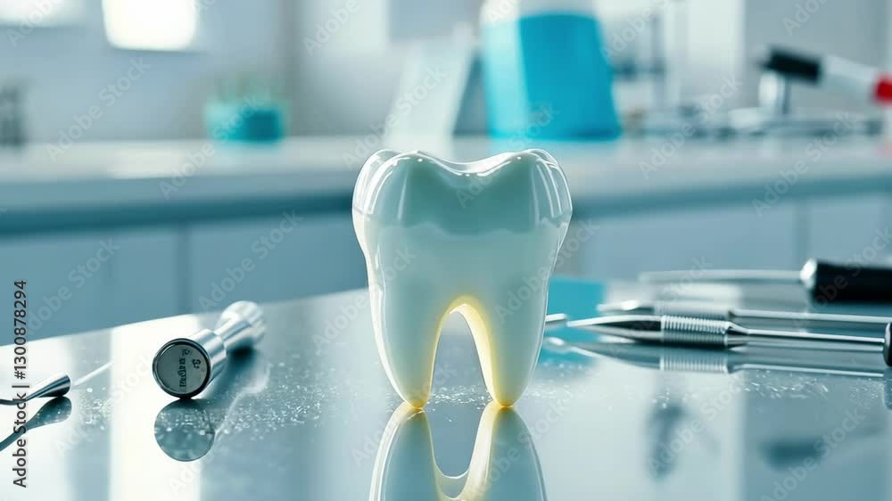 A sparkling white tooth model on a glossy countertop with dental tools nearby. A softly blurred clinic background A sparkling white tooth model on a glossy countertop with dental tools nearby. A softly blurred clinic background