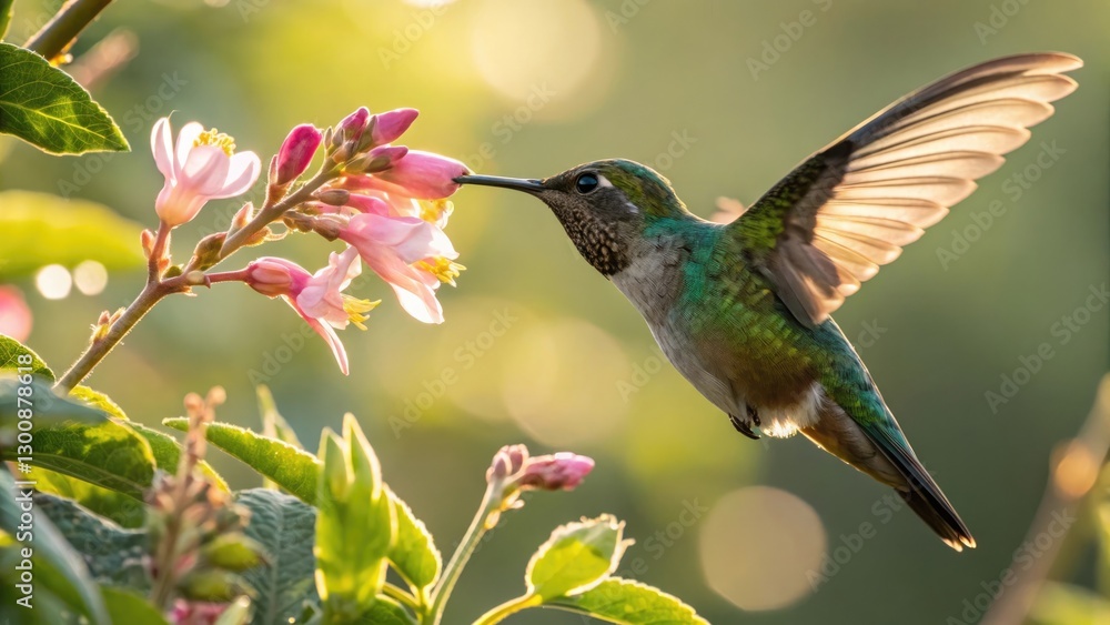 Fototapeta premium Dazzling hummingbird sipping nectar from blooming flowers with a joyful mood in a sunlit garden