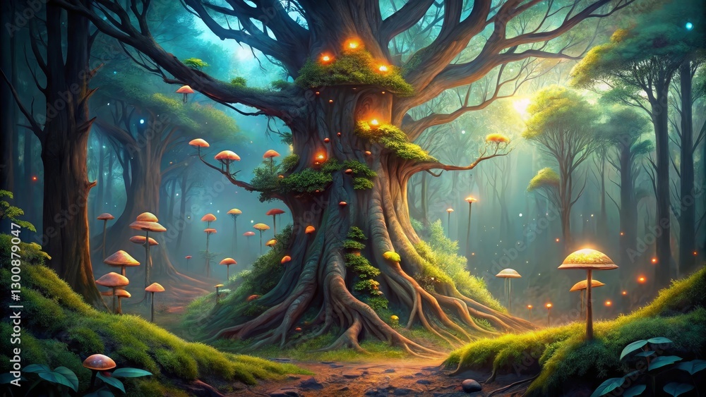 Fototapeta premium Enchanted Forest Path Leading to an Ancient, Glowing Tree with Luminescent Mushrooms
