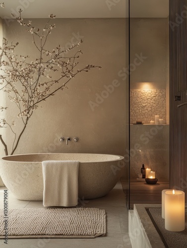Bathtub and Bathroom with the tree and flowers