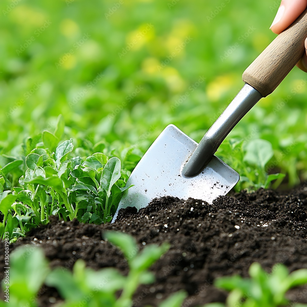 Digging in soil with small garden shovel, nature background Digging in soil with small garden shovel, nature background