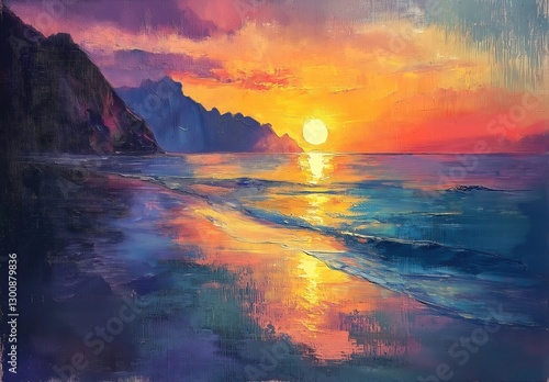 Sunset over a serene coastal landscape with waves.