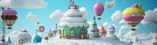 Cupcake town, hot air balloons, whimsical sweetscape.  Childrens book illustration photo