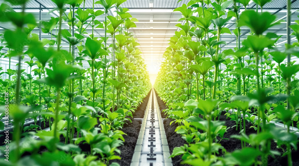 Rows of lush green plants stretch into distance under bright light of high tech greenhouse Rows of lush green plants stretch into distance under bright light of high tech greenhouse